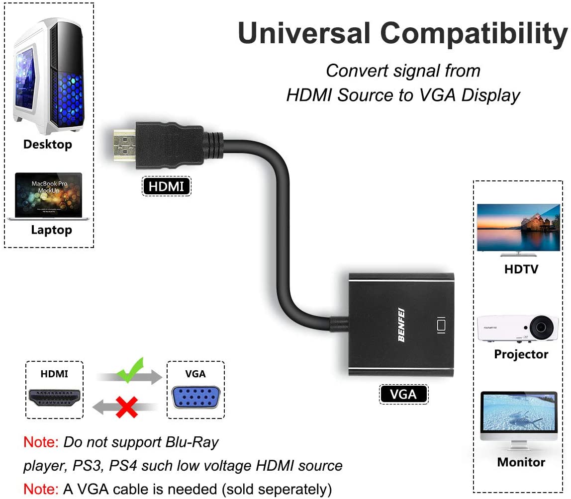 HDMI to VGA, Benfei Gold-Plated HDMI to VGA Adapter (Male to Female) Compatible for Computer, Desktop, Laptop, PC, Monitor, Projector, HDTV, Chromebook, Raspberry Pi, Roku, Xbox and More - Black HDMI to VGA, Benfei Gold-Plated HDMI to VGA Adapter (Male to Female) Compatible for Computer, Desktop, Laptop, PC, Monitor, Projector, HDTV, Chromebook, Raspberry Pi, Roku, Xbox and More - Black